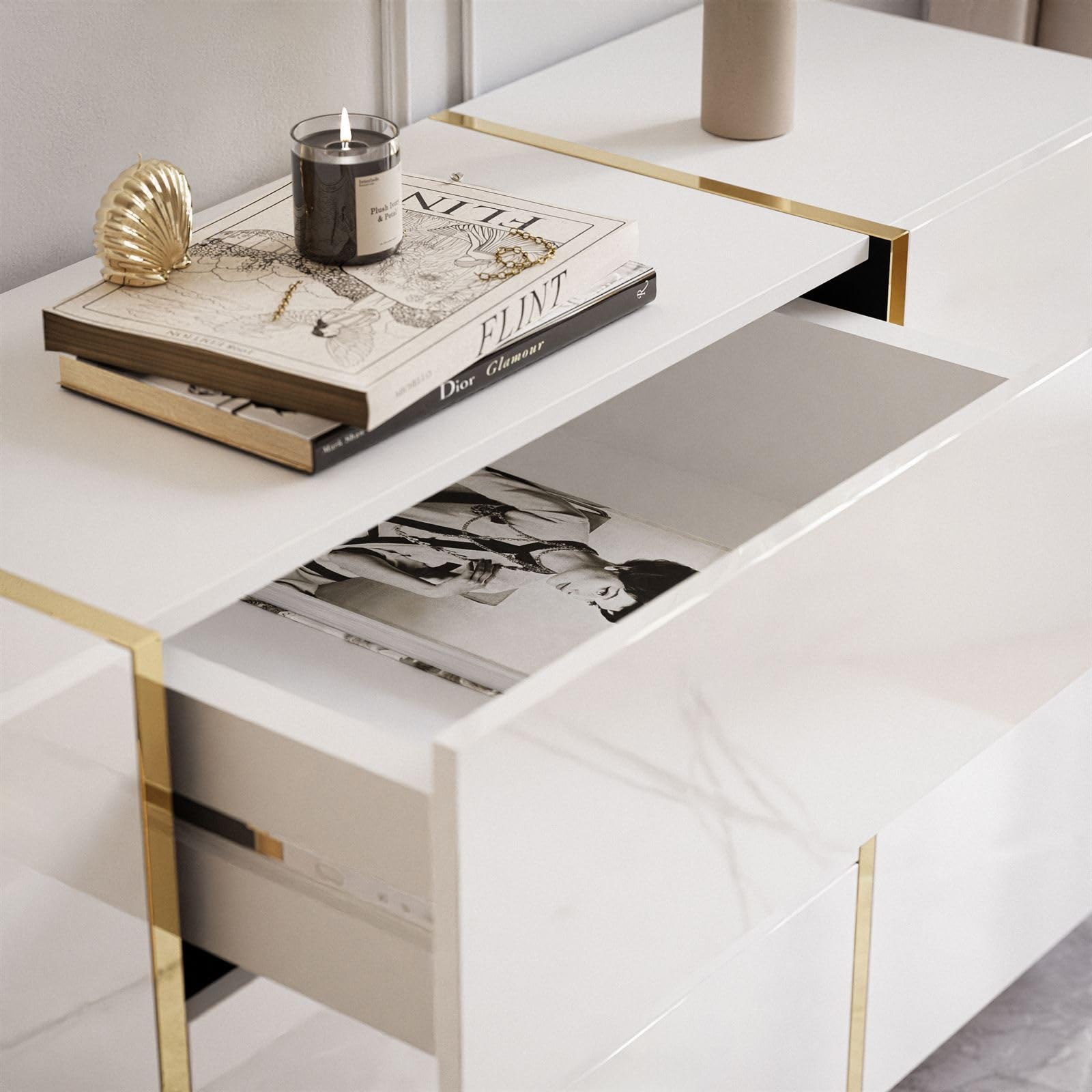 lukmebel Ladekast ONYX Op Gouden Poten Hoogglans Elegant & Modern Design Verborgen Planken Gemakkelijk Schoon Te Maken Slijt- En Krasbestendig Gelamineerd Board 158x413x88cm Zwart