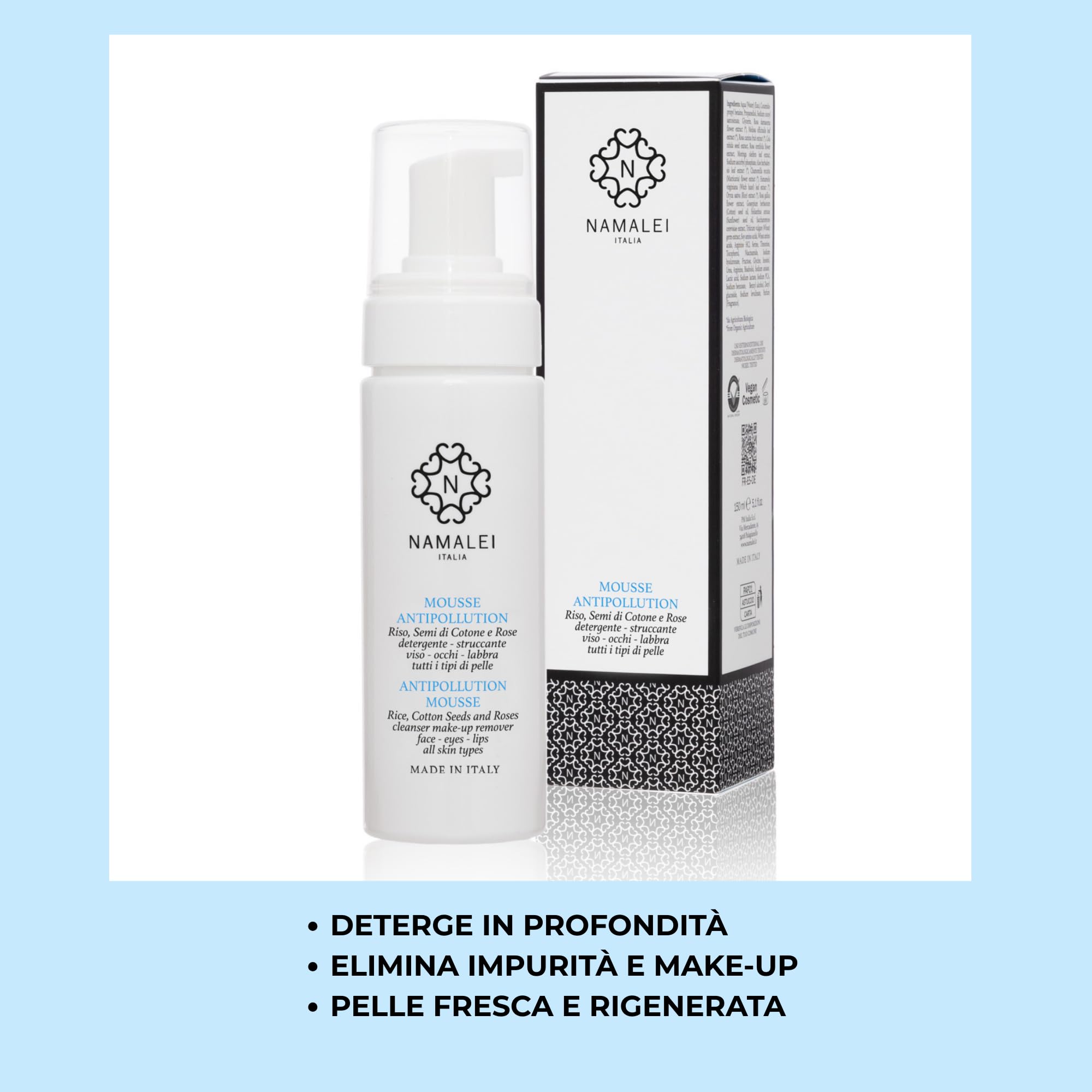 Mousse Antipollution Riso, Semi di Cotone e Rose, Detergente Struccante, Viso e Occhi, Pelle Fresca e Idratata, 150 ml