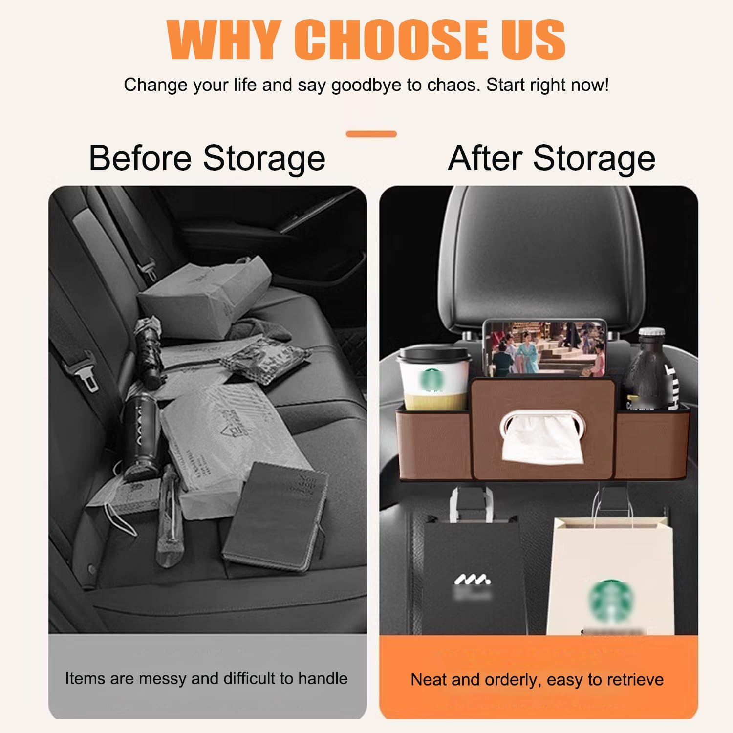 UKM 3-in-1 Back Seat Car Organizer, Car Backseat Storage Box with Cup Holder, Tissue Box&Hooks, Multifunctional Waterproof Storage for Hold Phones Drinks Handbags (Black)