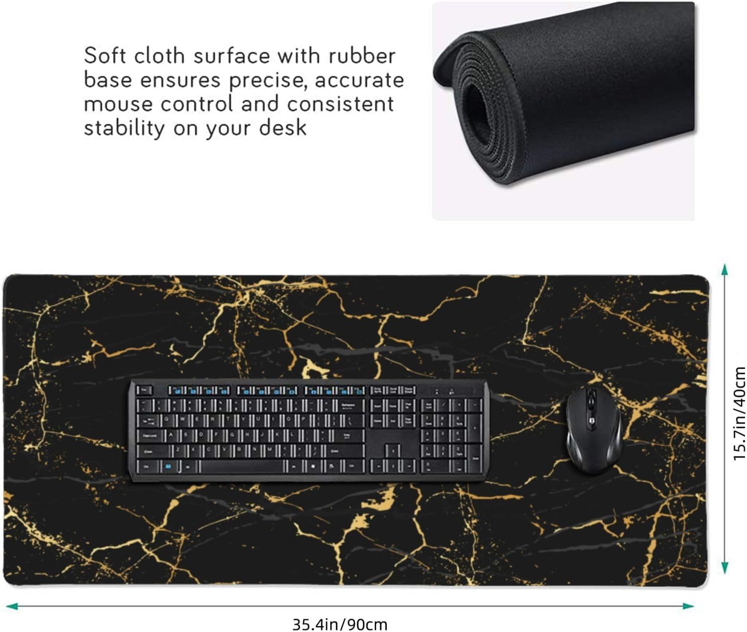 Black and Gold Marble Texture Mouse Pads XXL Extended Mousepad with Stitched Edges Non-Slip Rubber Base Computer Keyboard Pad Desk Mat for Home Office Desk Decor, 35.4" X 15.7" image 2