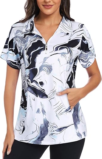 Viracy Womens Golf Polo Shirt with Pockets 1/4 Zip Up Overlap Short Sleeve Lightweight Quick Dry Tennis Tops