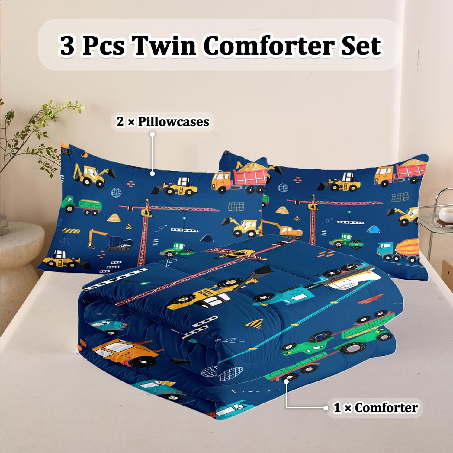 3 Pcs Twin Bedding Set for Boys, Kids Construction Truck Comforter Sets, Excavator Truck Twin Boys Bedding Sets for All Season