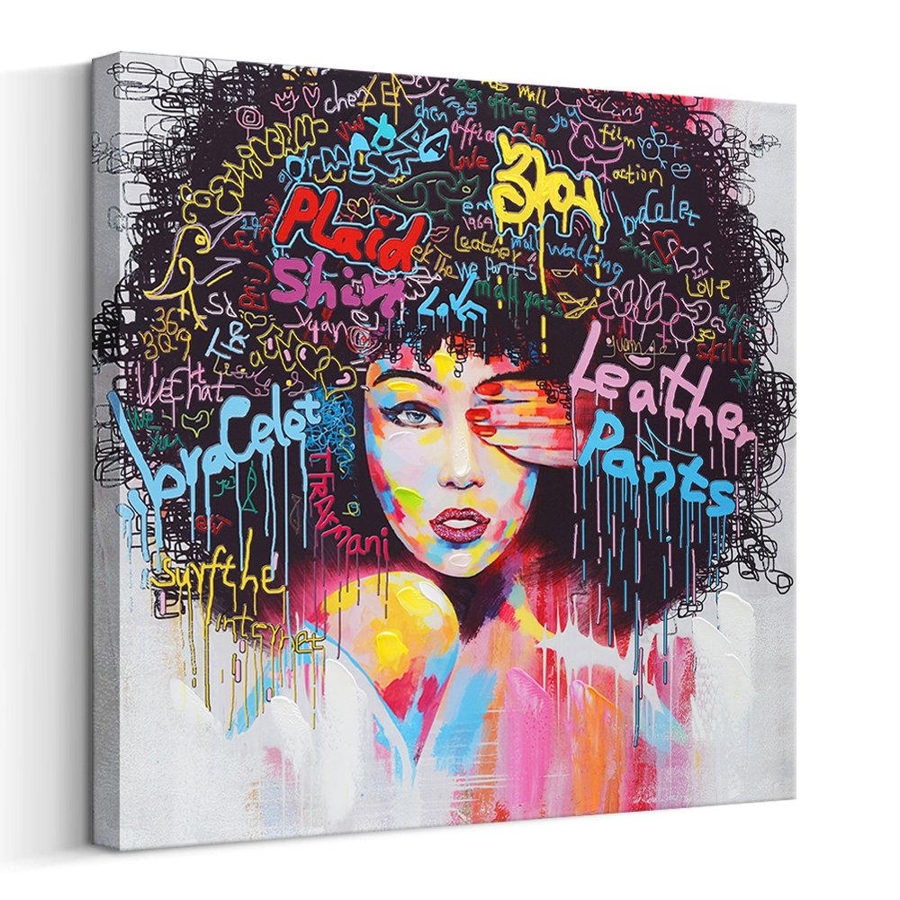 FREE CLOUD Crescent Art Abstract Pop Black Art African American Wall Art Afro Woman Painting on Canvas Print Wall Picture for Living Room Bedroom Wall Decor (D Framed, 20 x 20 inch)