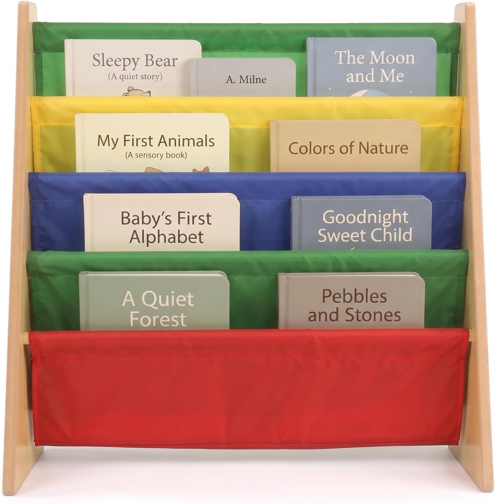 Natural Wood/Primary Kids Book Rack Storage Bookshelf, 4 Tiers, Toddler