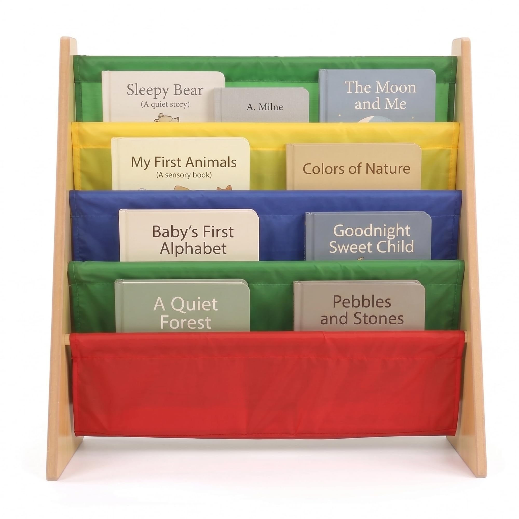 Humble Crew Primary Wooden Bookshelf for Children, 4 Tier Book Storage Organiser with Deep Fabric Pockets, Forward Facing Book Display for Easy Identification - Natural Wood/Red/Green/Blue/Yellow โ image 1