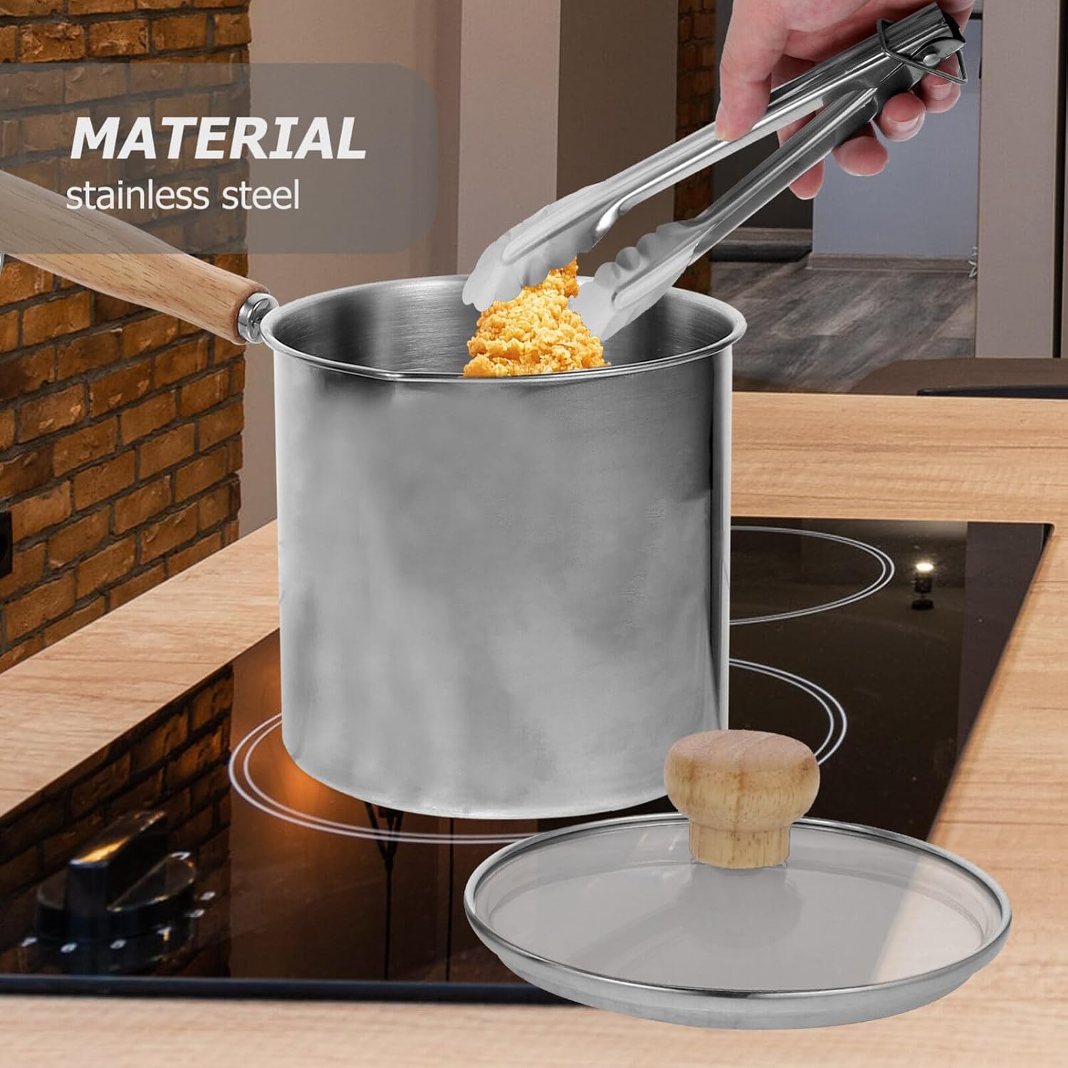 Stainless Steel Deep Fry Pot with Food Tong and Heat Resistant Handle 10.51X4.92X4.92 Inch for Breakfast Milk Heating Deep Frying and Home Cooking