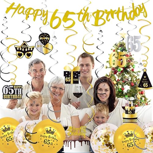 Miniatura 7 de WOJOGO Decoraciones de cumpleaños 65 para mujer, decoraciones de cumpleaños número 65 de oro rosa para mujer, pancarta de feliz cumpleaños 65 con