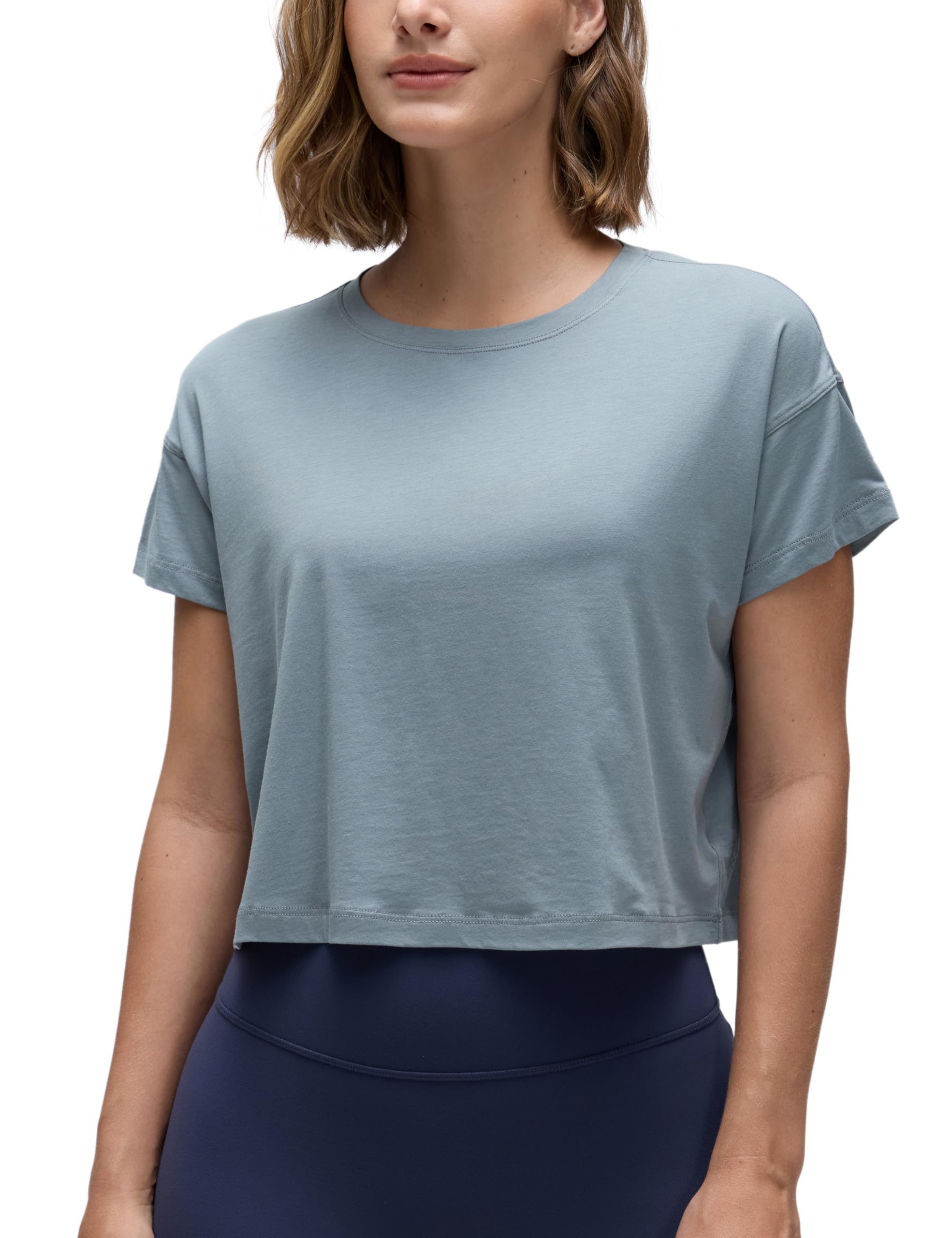 CRZ YOGA Women's Short Sleeve Yoga T-Shirts Loose Fit Sports Fitness Crop Tops Workout Casual Cropped Shirt Belgian Blue 14