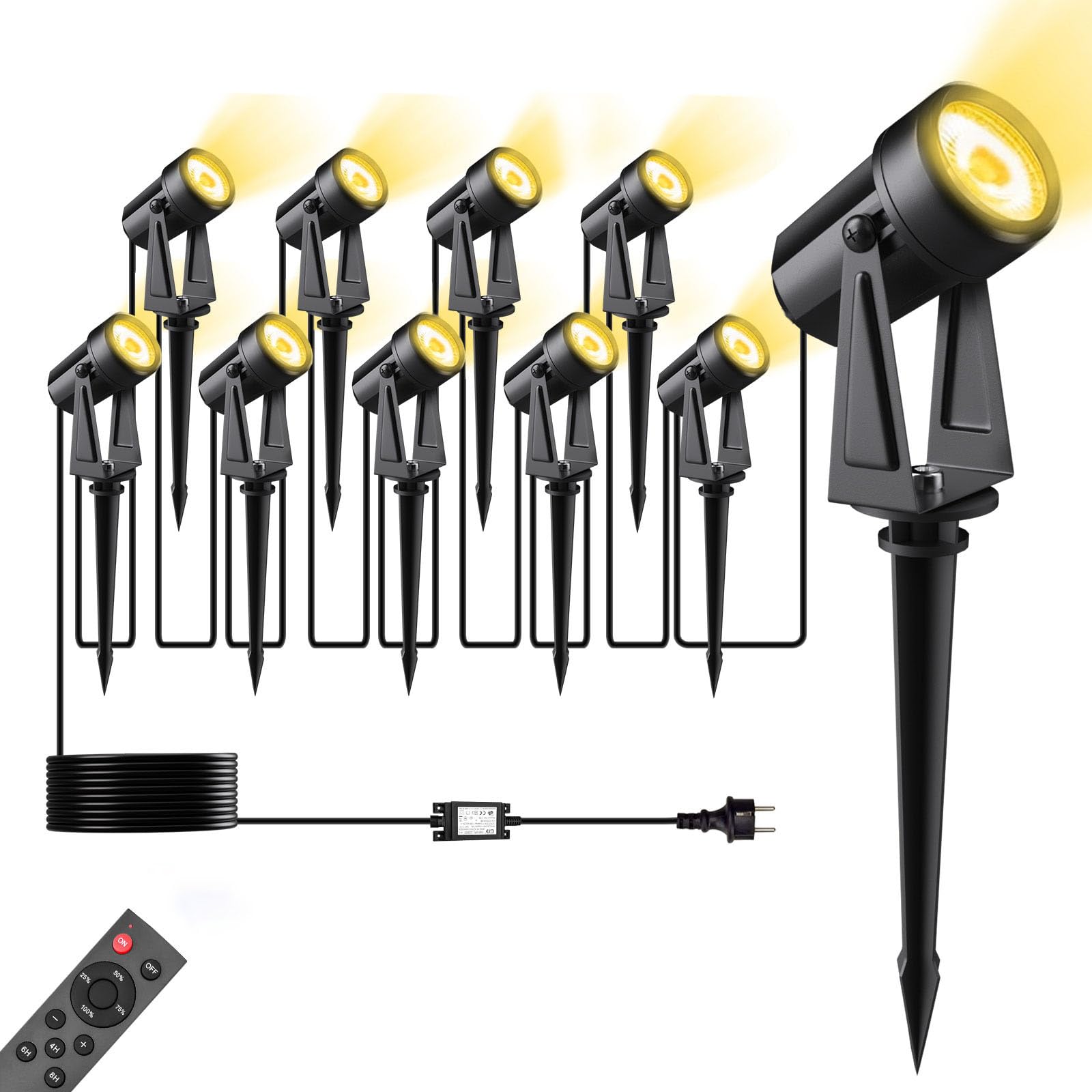 LED Gartenbeleuchtung mit Strom mit Remote,32M/105FT 10er-1 Set,2500LM 2Wx10 Gartenstrahler 27V COB IP65 Wasserdichter Strahler Warmweiß mit Erdspieß für Außen Garten Yard