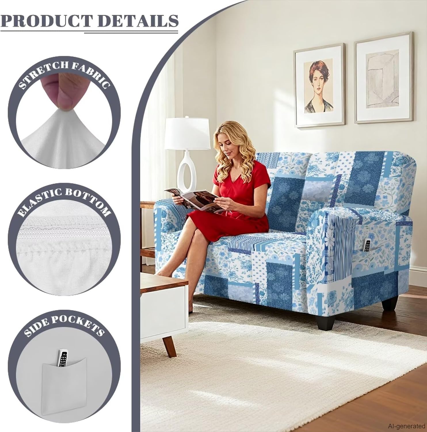 Stretch Recliner Loveseat Cover, 6 Pieces Elastic Sofa Slipcover, 2 Seater Reclining Couch Cover Washable Furniture Protector Easy to Install Blue