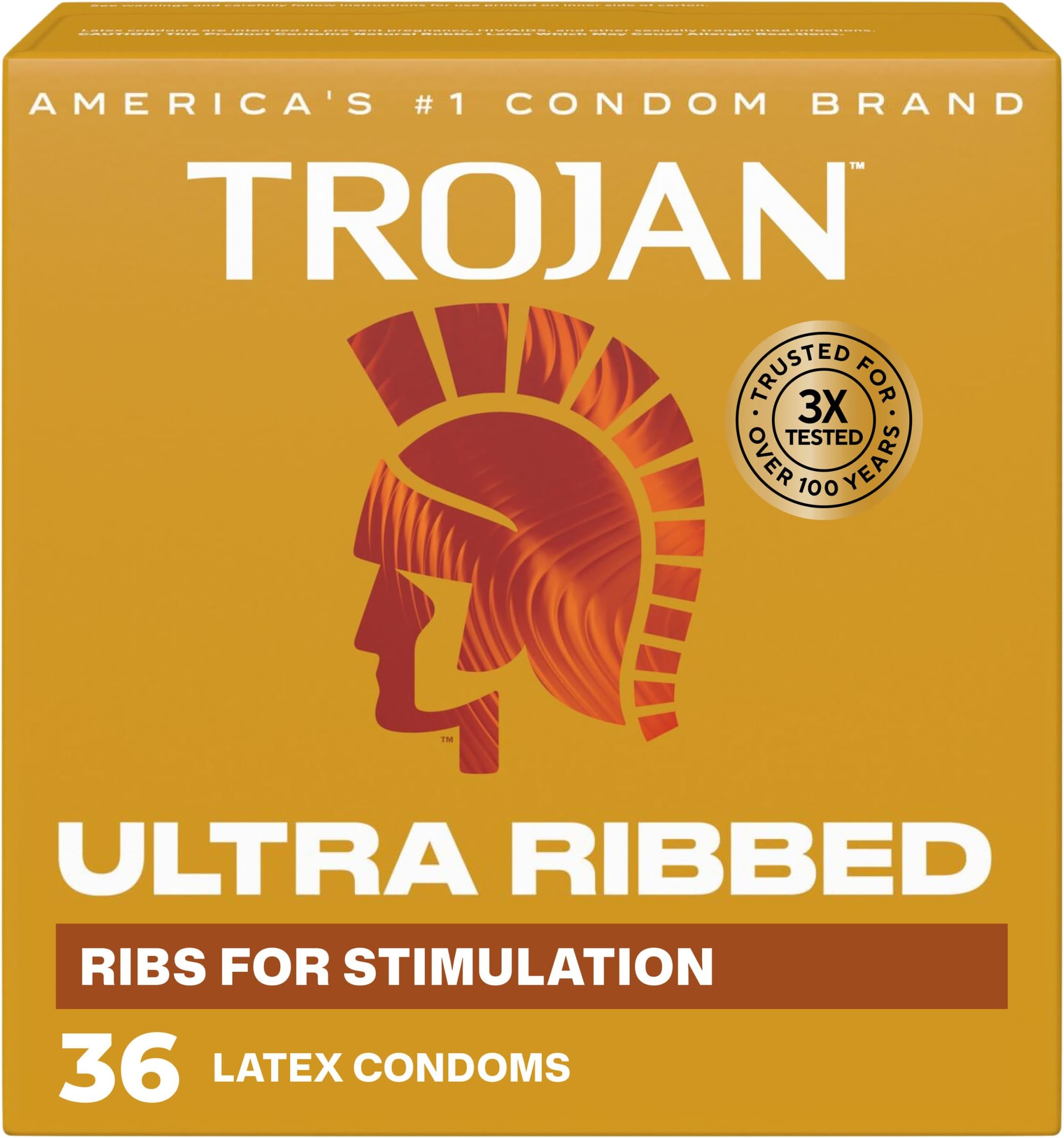 Trojan Ultra Ribbed Latex Lubricated Condoms for Men, Thin Ribbed Condoms for Stimulation, Premium Latex to Help Reduce Risk of Pregnancy and Sexually Transmitted Infections (STIs), 36 count