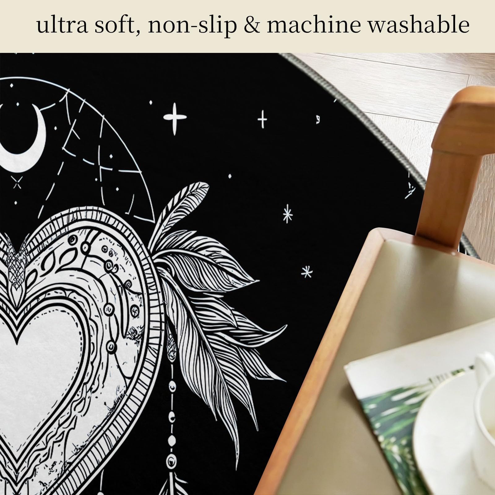 Tappeto rotondo con stelle e luna, antiscivolo, morbido e accogliente, in finta lana, con bordi stretti, disegnato a mano, decorativo, ideale per soggiorno, ingresso, camera da letto, studio, sala
