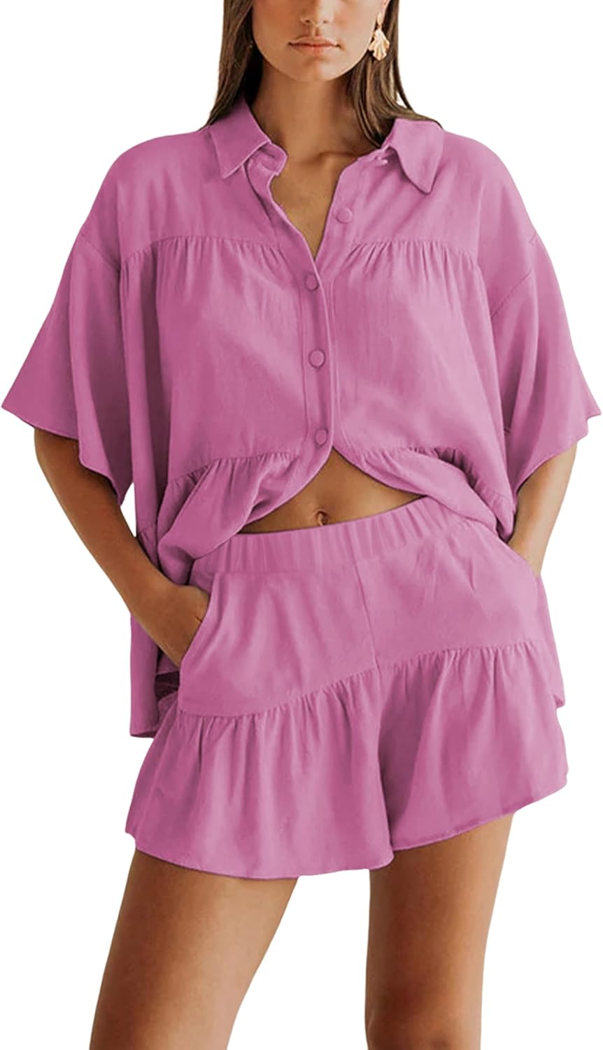 Qiaomai Womens 2 Piece Outfits Summer Ruffled Shirt and High Waist Shorts Matching Set (RoseRed-L)