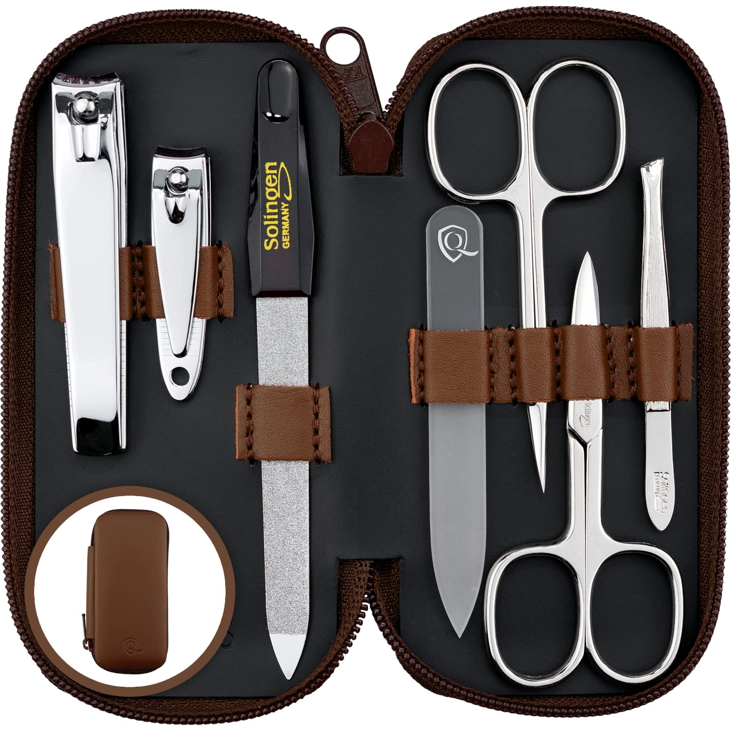 marQus Maniküre Set Damen und Herren Solingen Made in Germany 7 Teile mit patenierter Glasfeile für Hand- und Fußpflege - Echt Leder Etui handlich und weich