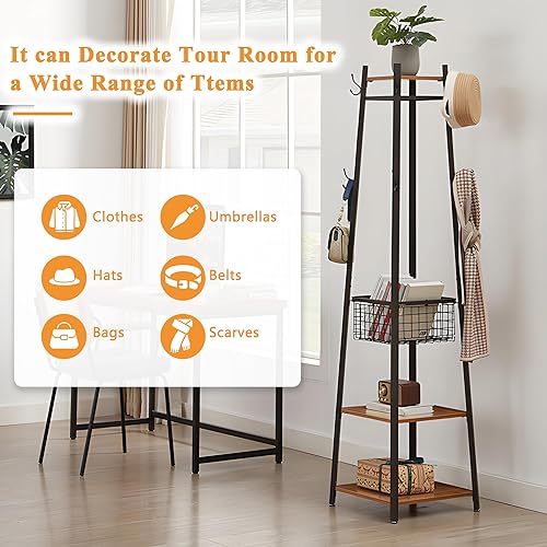 Miniatura 8 de VECELO Perchero independiente, árbol de pasillo con cesta de metal y estantes de almacenamiento, perchero industrial con 8 ganchos para colgar