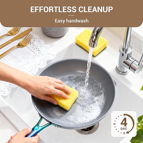 Miniatura 6 de Ammeloo Juego de 17 utensilios de cocina de cerámica, juego de ollas y sartenes de inducción antiadherentes, mango de color premium que se mantiene