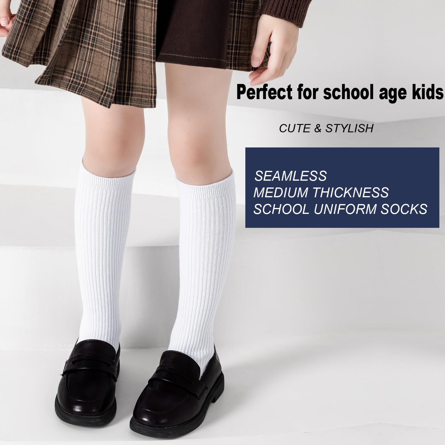 EPEIUS Knee High Socks for Girls Seamless Cotton School Uniform Socks Boy Ribbed Dress Socks Kids White Long Socks Navy - Image 2