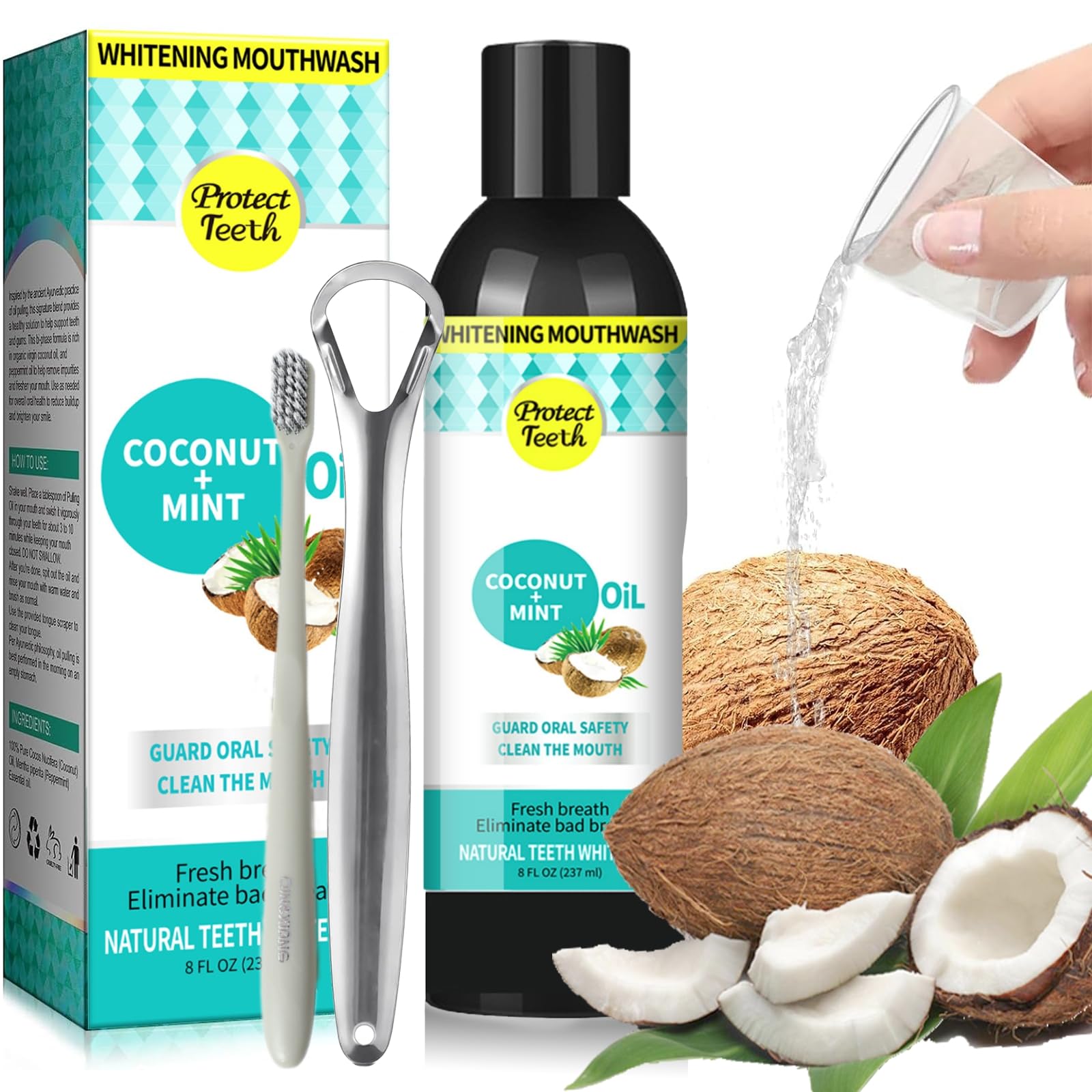NinnyiTeeth Whitening Coconut Oil with Tongue Scraper and Toothbrush, 8 Fl.Oz Natural Alcohol-Free Mouthwash for Teeth Pulling
