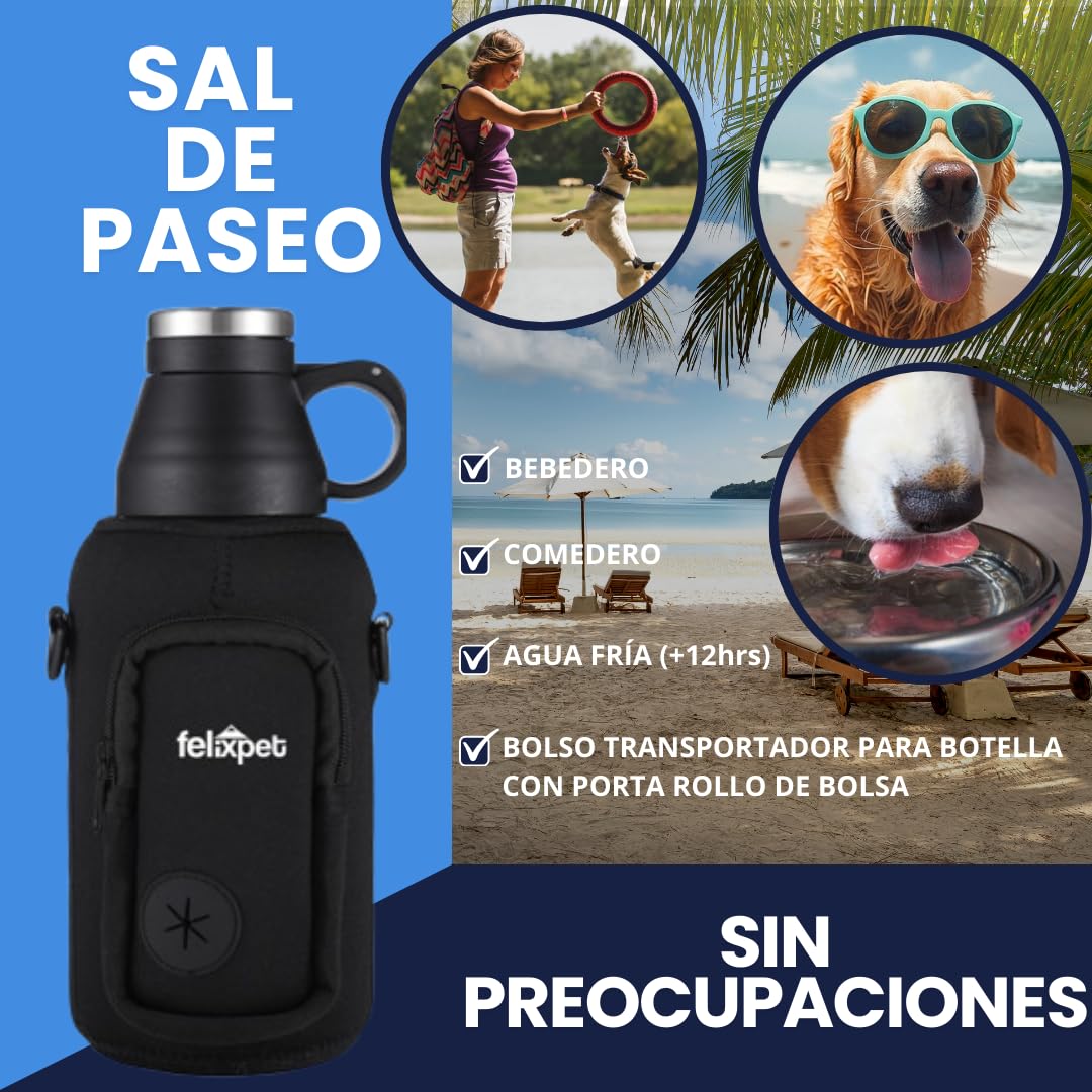 Botella Térmica 1L para Perros 4 en 1 – Acero Inoxidable con Bebedero Portátil, Comedero Extraíble, Porta Bolsas y Estuche Neopreno