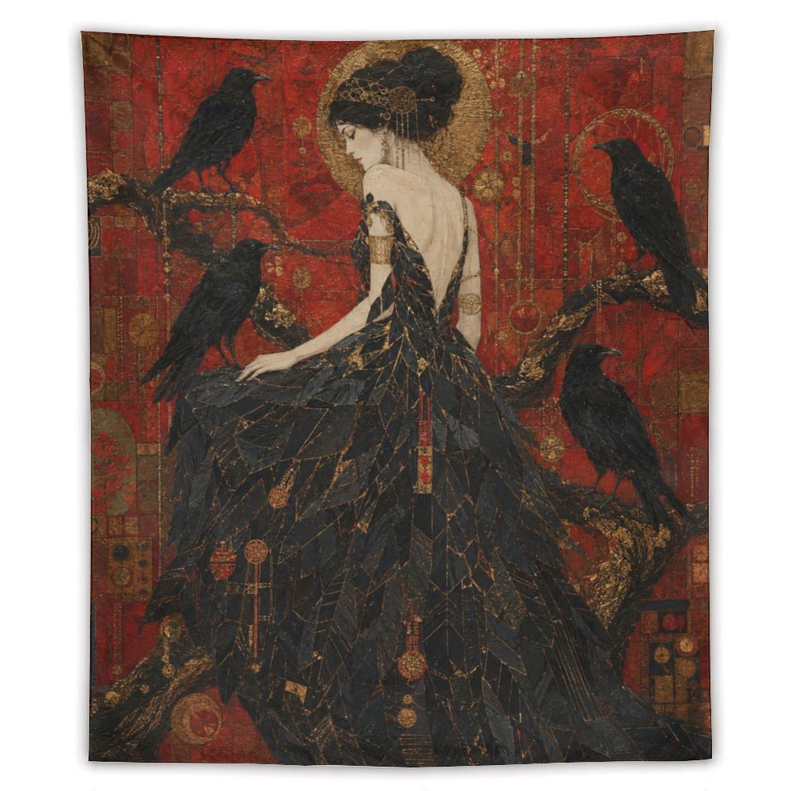 W7C8U2X3 Raven Woman on Branch Wall Tapestry, Fantasy Illustration Style