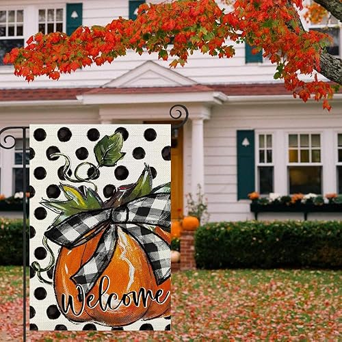 Miniatura 6 de Bandera de jardín de calabaza de otoño de 12 x 18 pulgadas, vertical de doble cara, resistente a la decoloración UV, cosecha de septiembre, lunares,