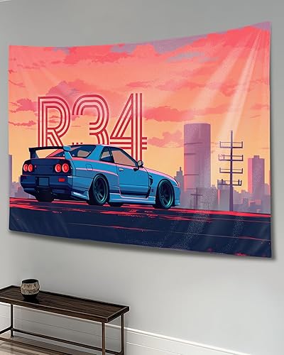 Miniatura 17 de QEOPGNE Tapiz grande para colgar en la pared, diseño de puente de puerta dorada, grandes olas, japonés, retro, Jdm, auto, R34, tapiz para