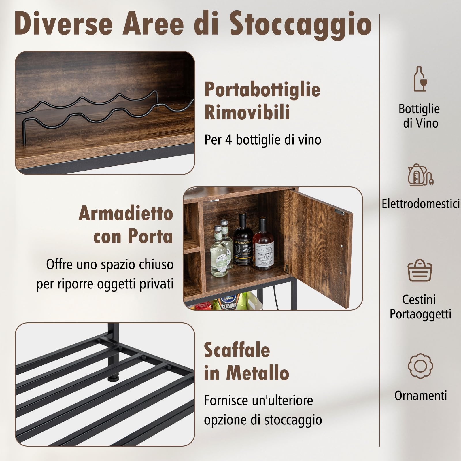 COSTWAY Credenza Buffet da Cucina, Mobile da Cucina con Portabottiglie e Mensole, per Sala da Pranzo, Soggiorno e Ingresso, 100 x 35 x 83 cm (Marrone)
