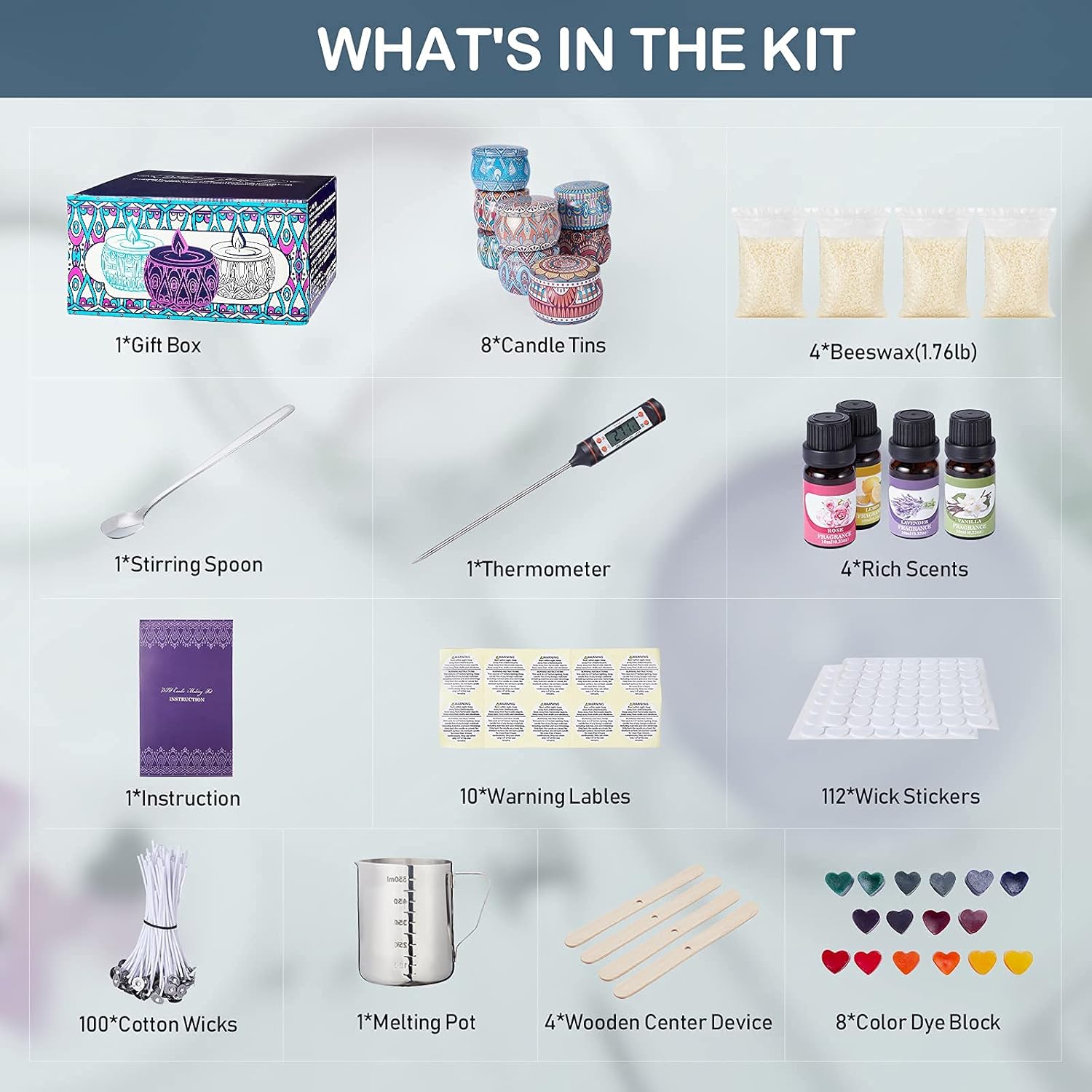 Candle Making Kit, Complete Candle Making Supplies Kit for Scented Candle, Beeswax, Wicks, Rich Scents, Dyes, Candle Tins, Melting Pot