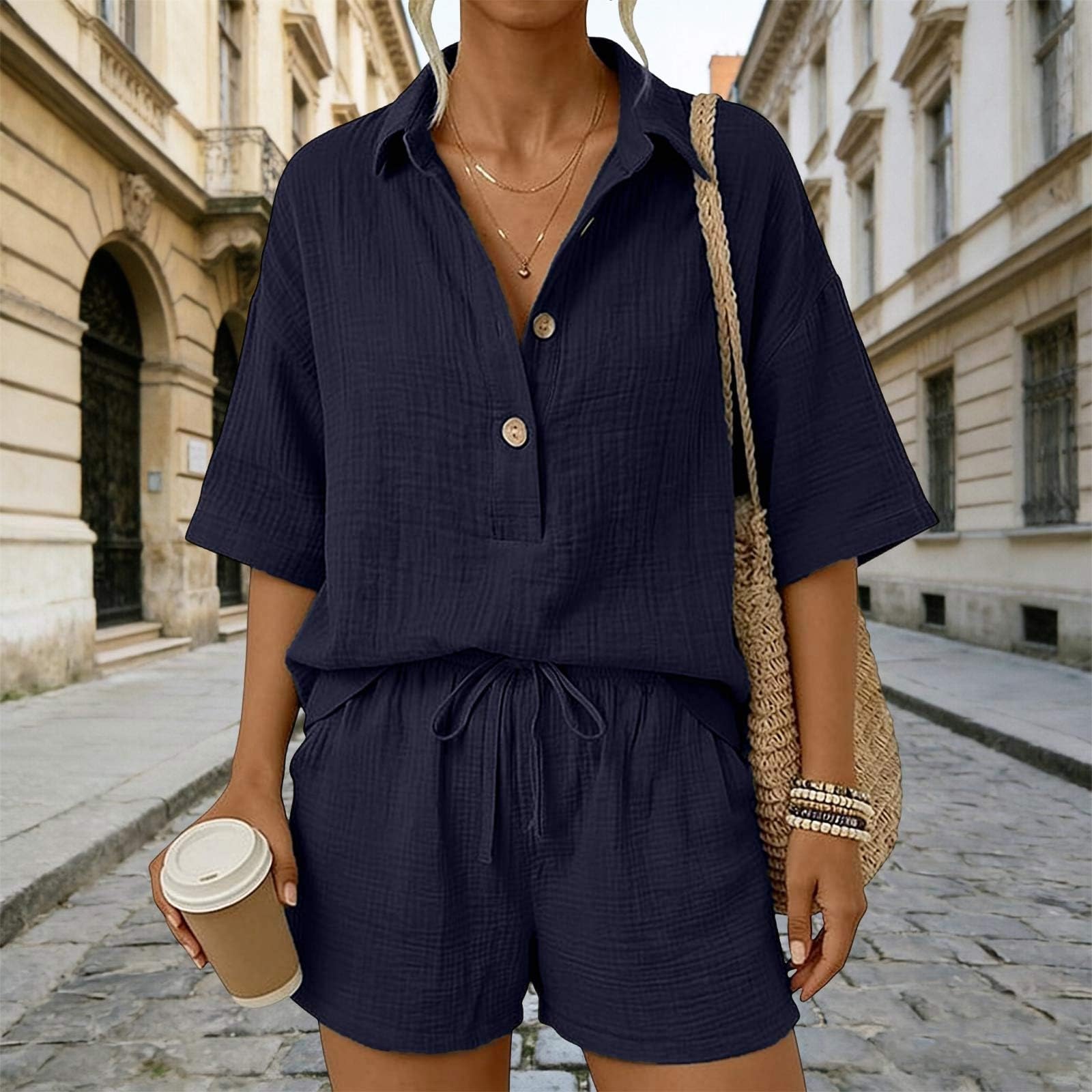 Générique Ensemble Femme 2 PièCes Coton Et Lin Pas Cher Chic Et éLéGant Manches Courtes Chemise + Short avec Poche Ample Et Respirant Tenues D'éTé Costume De Loisirs