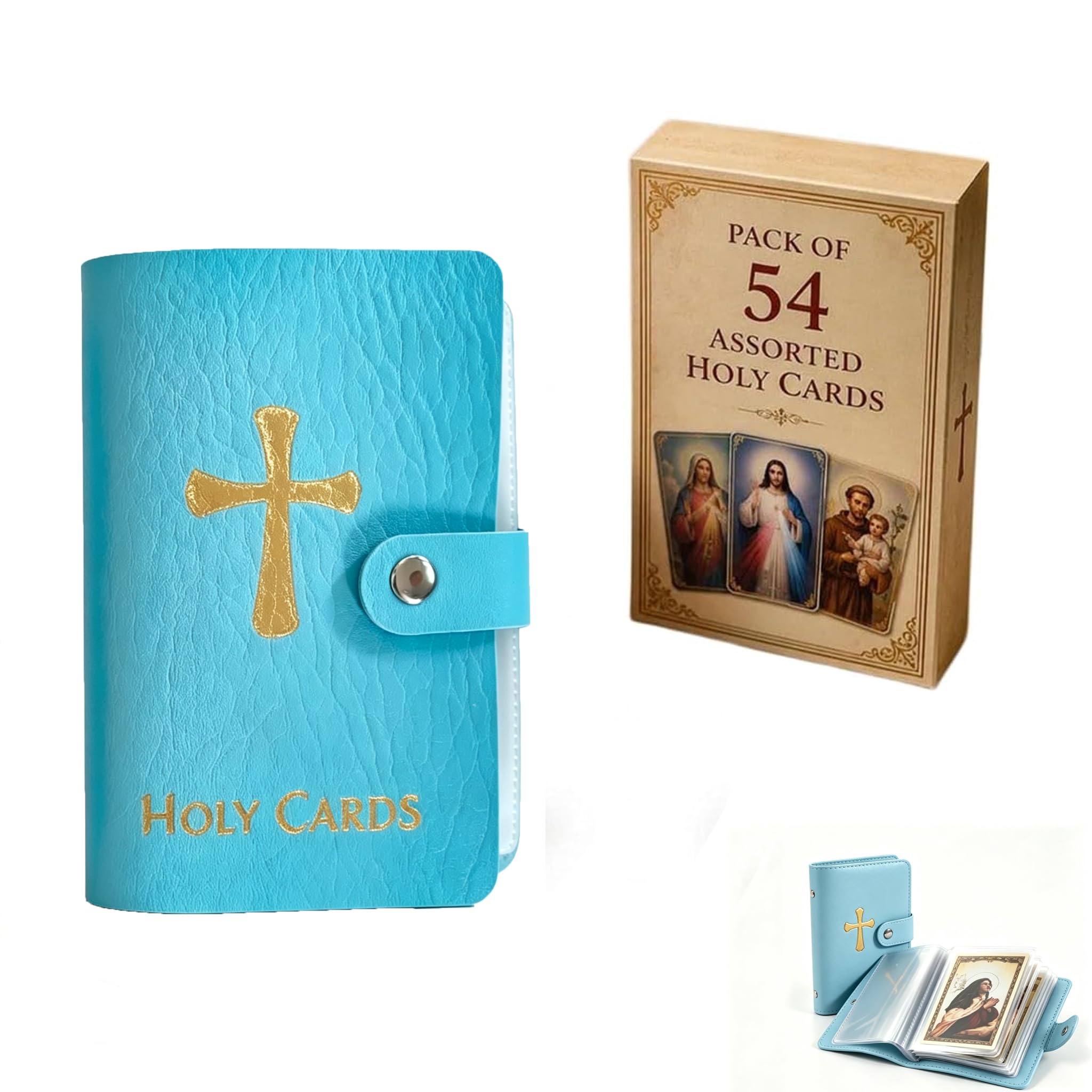 Catholic Genuine Leather Holy Card Holder with 54 Prayer Cards, Pocket Prayer Card Organizer with Snap Closure, Portable Holy Card Holder for Mass, Daily Prayer, Bible Study, Religious Gift (Blue)