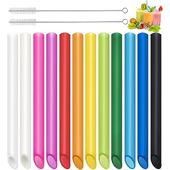 Annvchi Pack of 12 Reusable Bubble Tea Straws with 2 Cleaning Brushes Coloured Tips Thick Drinking Straws Plastic Suitable for All Types of Smoothie Milkshakes 13 mm x 25.5 cm