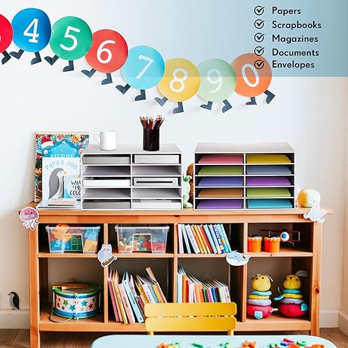 Miniatura 4 de Fuutreo Organizador de almacenamiento de papel de 2 piezas para el aula, 10 ranuras, almacenamiento de papel de construcción, cartón resistente,