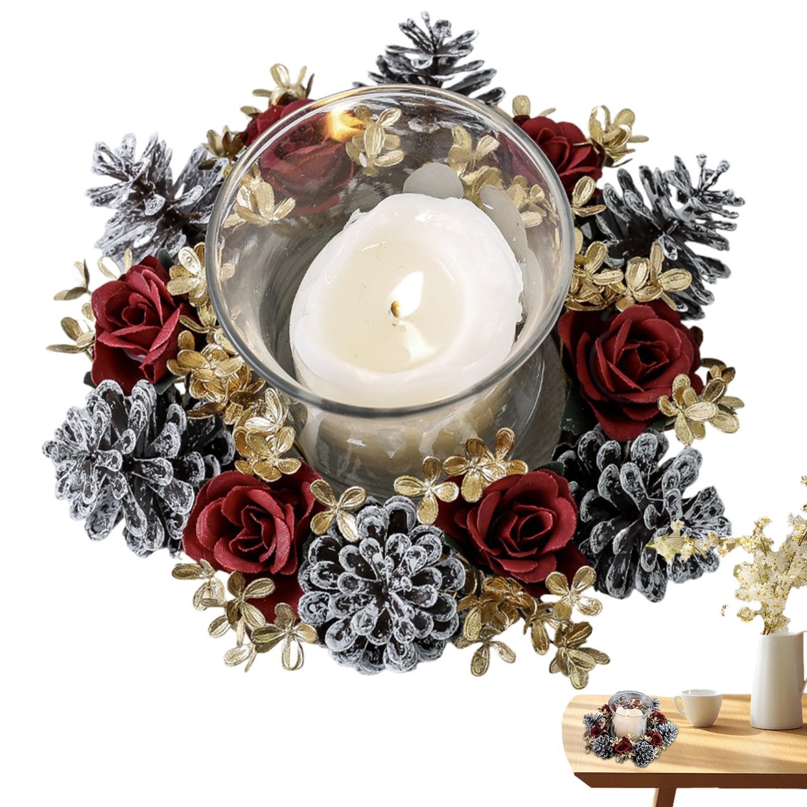 Decoraciones de mesa navideñas para mesas, adornos de mesa de Navidad para mesas, piñas, rosas, corona de mesa de Navidad, coronas de velas con base estable,