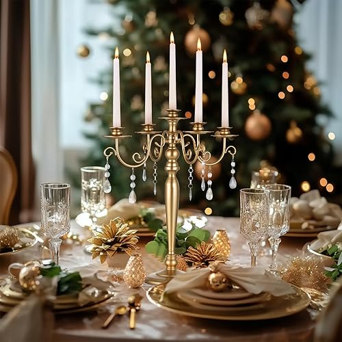 Miniatura 4 de Sziqiqi Centro de mesa de candelabro de boda Candelabros de 5 brazos para candelabros - Juego de 2 candelabros dorados para Navidad, compromiso,
