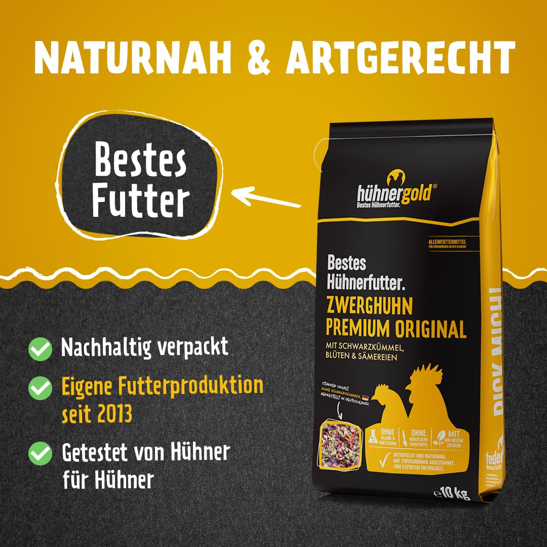 hühnergold Zwerghuhn Premium 20kg (2x10kg) Alleinfutter | Mit Kräutern, Blüten & Insektenprotein – Alleinfutter für Zwerghühner für Vitalität, Verdauung & ausgewogene Ernährung