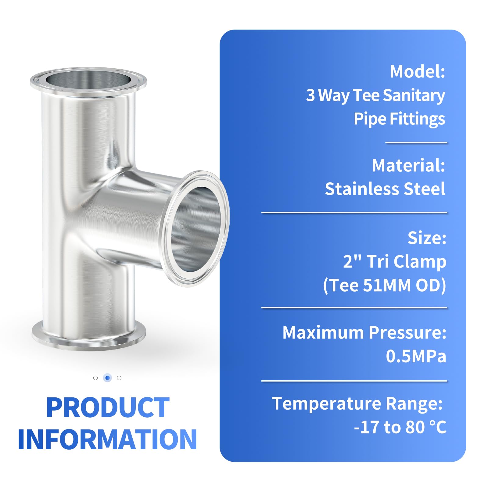 1 pièce Clamp Tee 3 voies 2" (51 MM) OD Raccords sanitaires en acier inoxydable 304 Compatible avec Tri Clamp 2" Bride à ferrule 64 MM avec joints en silicone