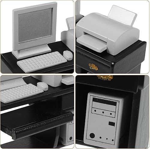 Miniatura 3 de Toyvian Muebles de oficina de escritorio en miniatura 1 juego de mini escritorio de computadora para casa de muñecas y silla pequeña modelo