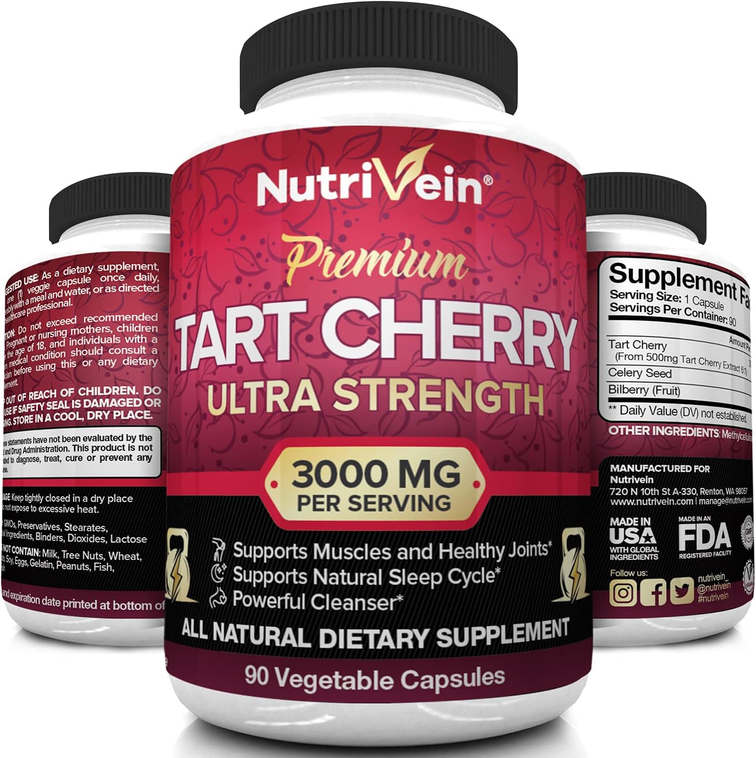 Nutrivein Tart Cherry Capsules 3000 mg 90 pastillas veganas antioxidantes