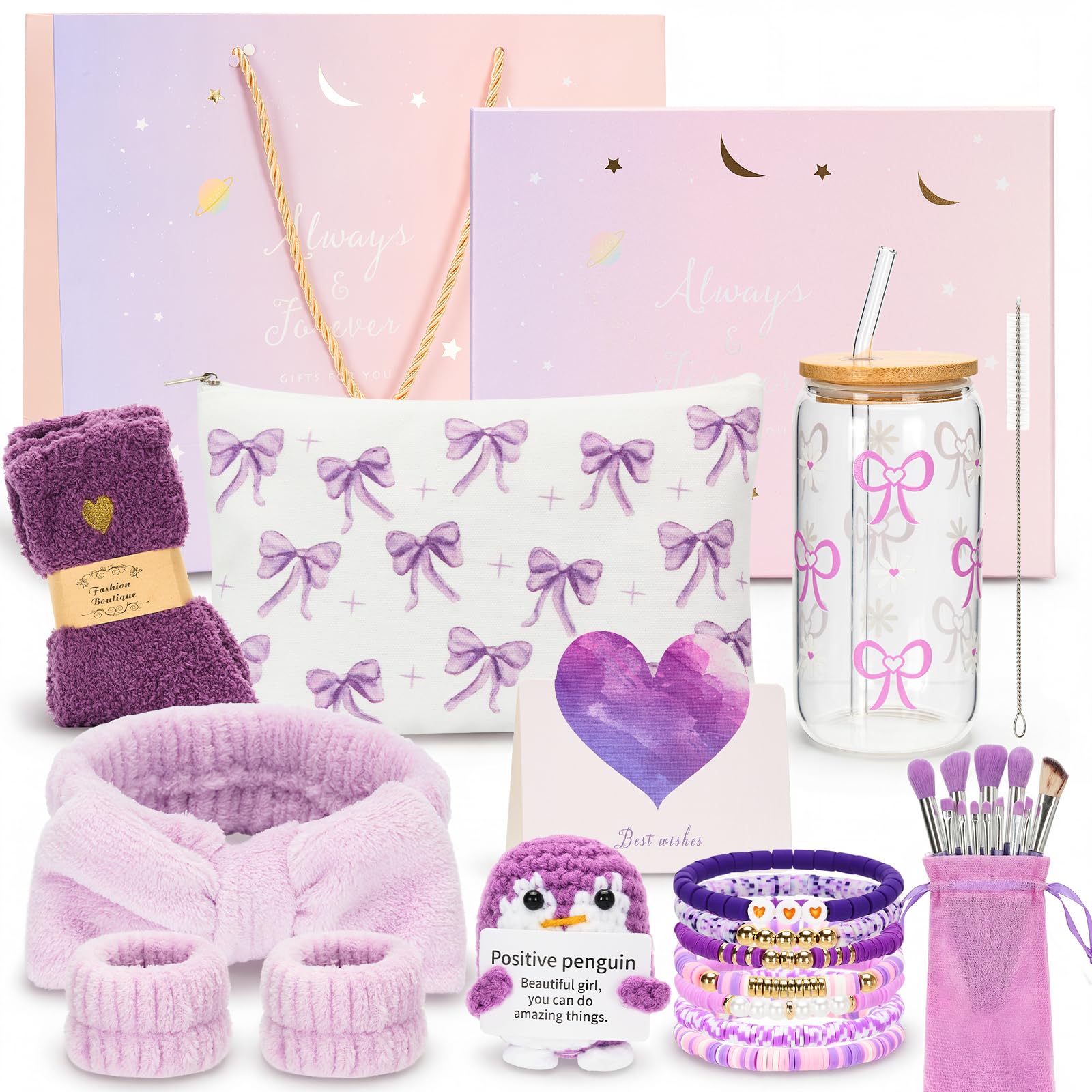 Geschenke für Mädchen Teenager 9 10 11 12 13 14 15 16 Jahre, Weihnacht Geburtstagsgeschenk Set Frauen - Trinkglas mit Strohhalm Deckel, Schminkpinsel Kosmetiktasche Armband Socken Haarband (Lila)