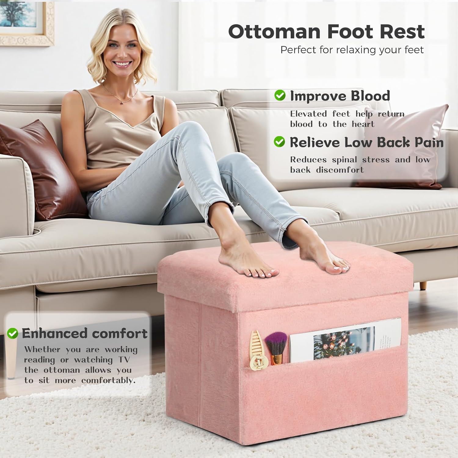 Storage Ottoman, Folding Ottoman Foot Rest Stool with Thicker Furry Padded Seat. Soft Fur Small Ottoman Bench with Storage for Bedroom Living Room, Holds Up to 300 lbs, 17x13x13IN (Pink) - Image 2