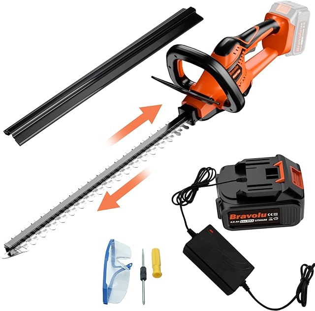 Bravolu Cordless Hedge Trimmer, 21V 4Ah Battery Electric Hedge Trimmer with Fast Charger, 51cm Dual-Action Blades 14mm Cutting Diameter, Lightweight Hedge Trimmer for Shruber and Garden Hedge Cutting