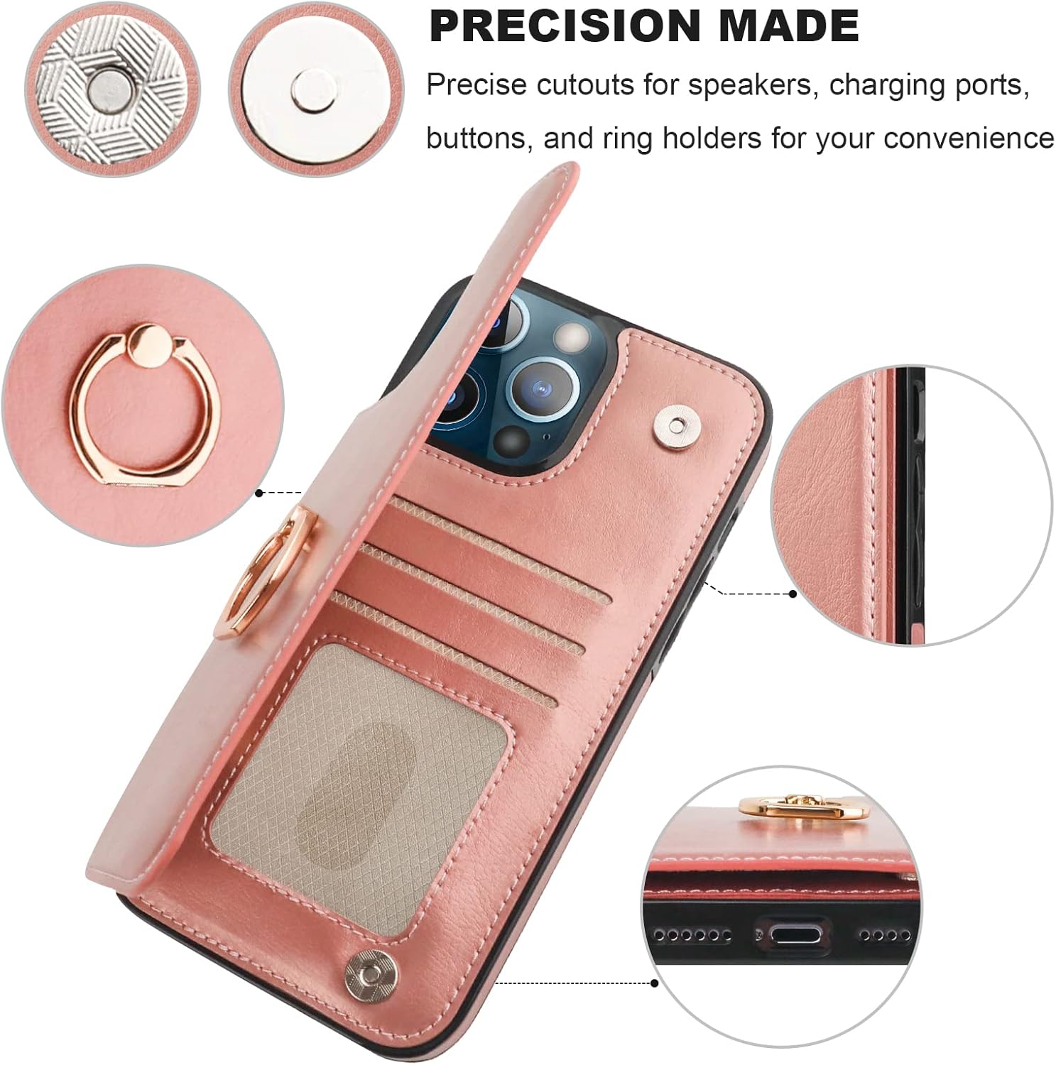 ONETOP for iPhone 13 Pro Max Wallet Case with Card Holder, 360° Rotation Ring Kickstand RFID Blocking PU Leather Double Magnetic Clasp Shockproof Cover for Women and Girls 6.7 Inch (Rose Gold) - Image 8