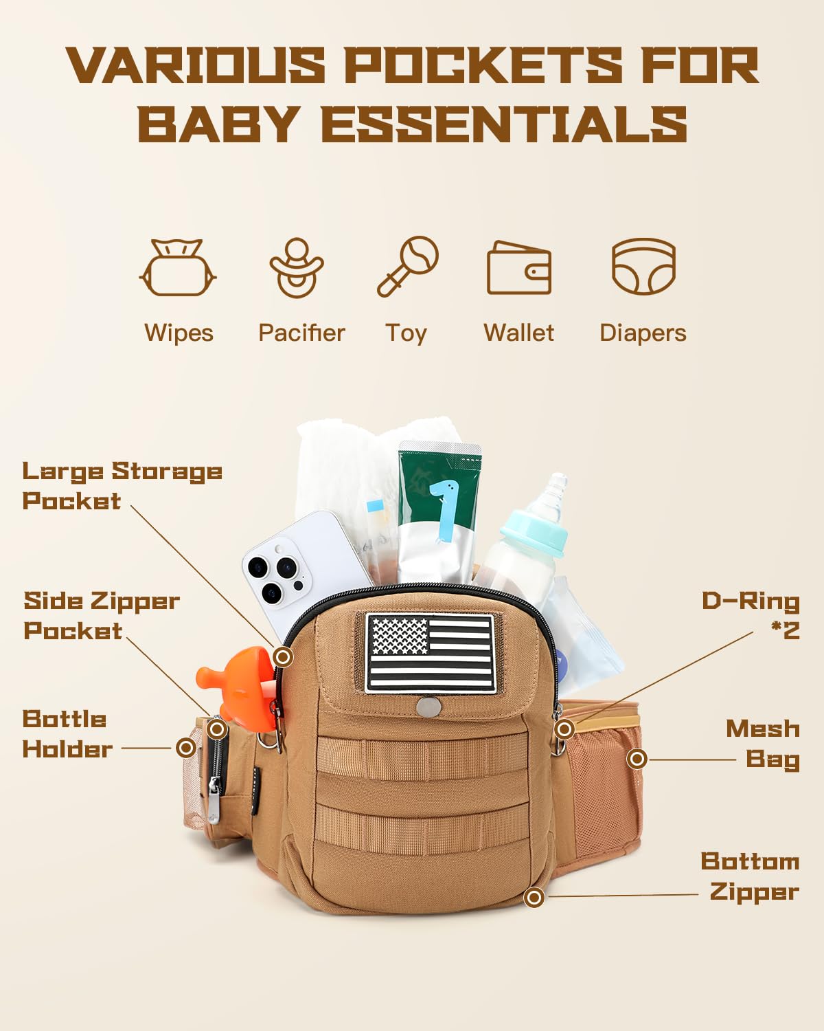 Dinictis Baby Hip Carrier for Dad, Ergonomic Tactical Waist Carrier with Hip Seat for Newborn to Toddler (Up to 45 lbs), Adjustable Wide Waistband, Molle Webbing & Multiple Pockets, Coyote Brown - Image 7