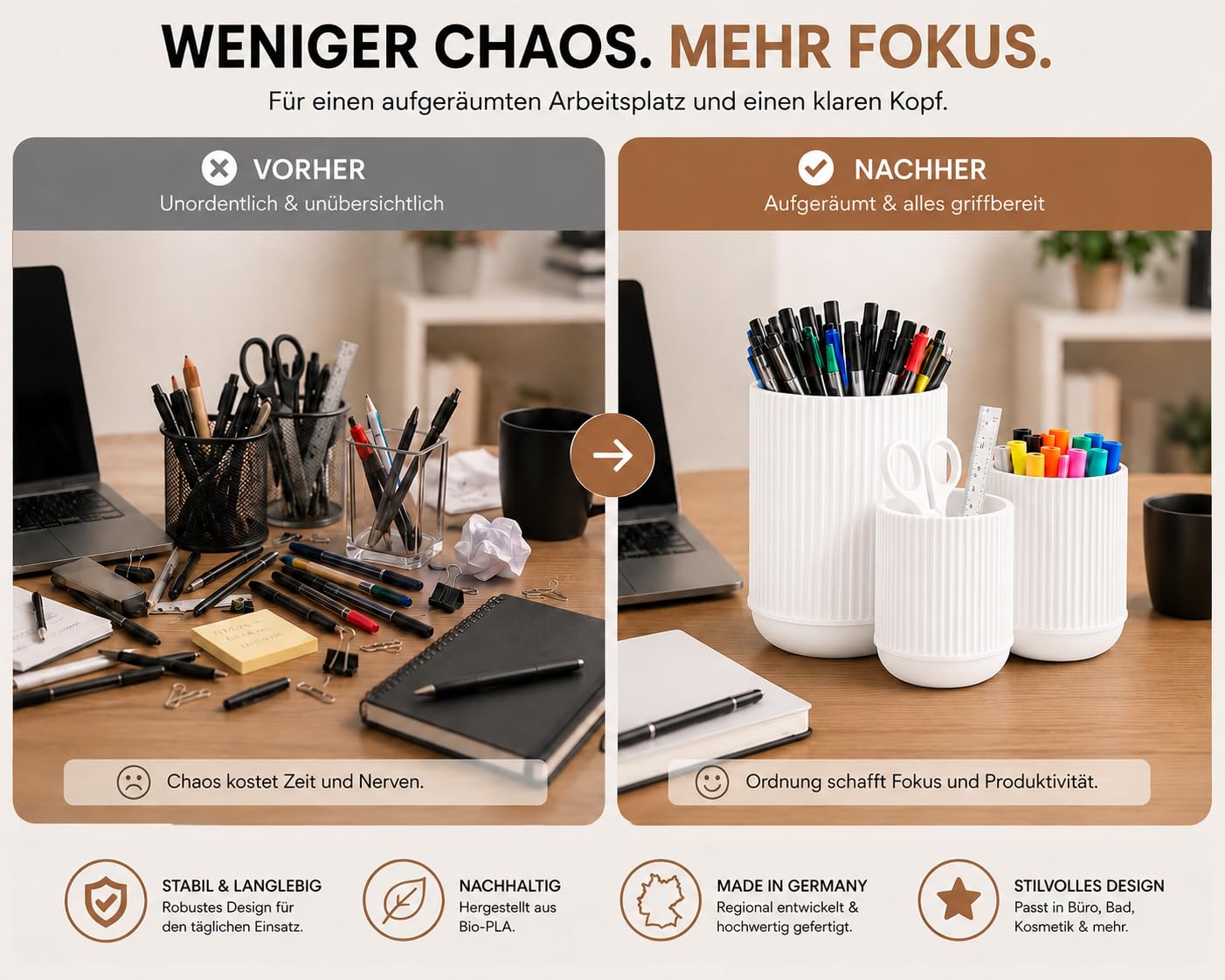 CABU Stiftehalter Weiß 3er Set – Minimalistischer Schreibtisch Organizer – Multifunktionaler Stiftebecher & Pinselhalter aus robustem Kunststoff – Modern Matt für Büro, Homeoffice & Kosmetik