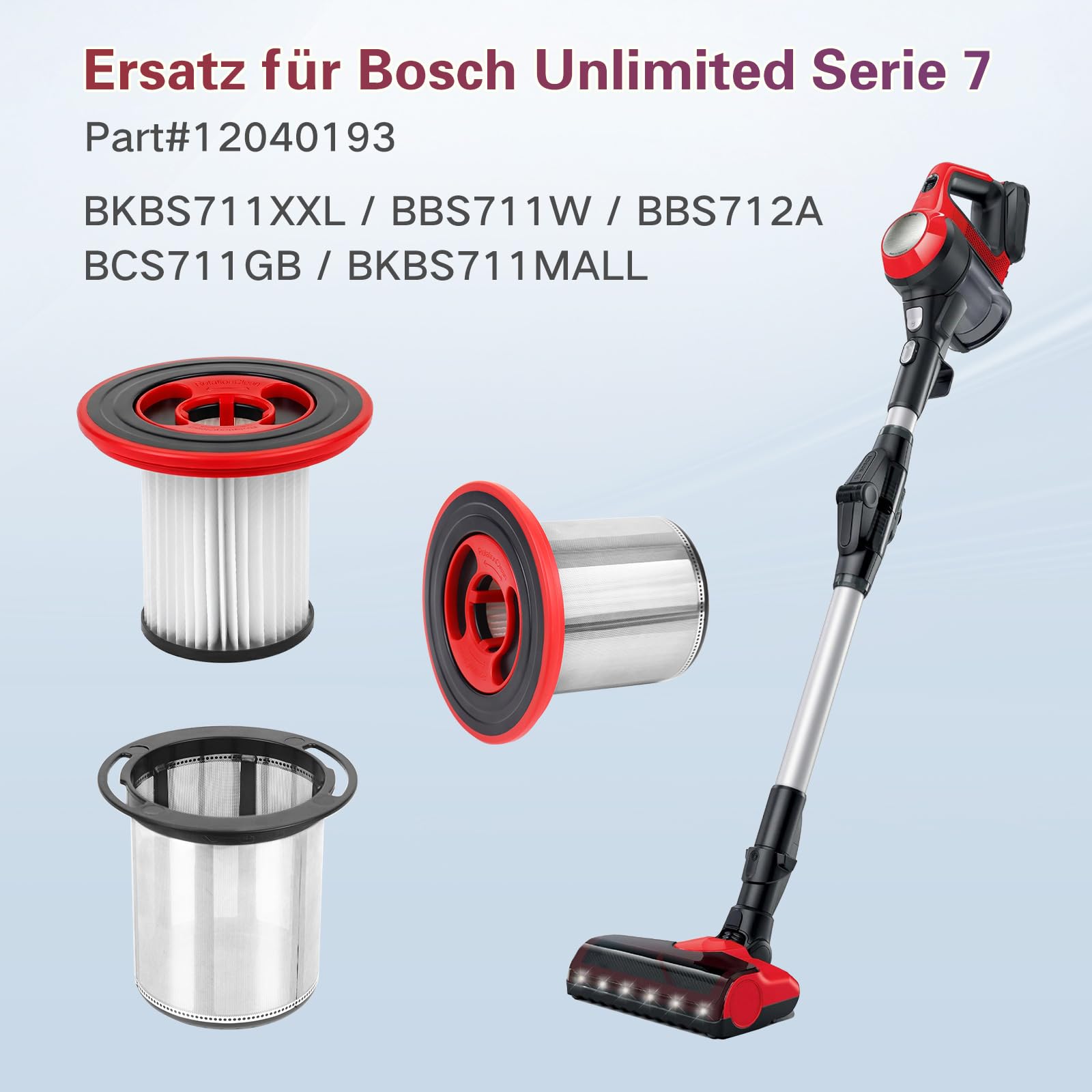 4 Stück 12040193 Ersatzfilter für Bosch Unlimited Serie 7 Akku-Staubsauger BKS711XXL, BBS711W, BBS712A, BCS711GB, BKS711MALL Filter mit Reinigungsbürste