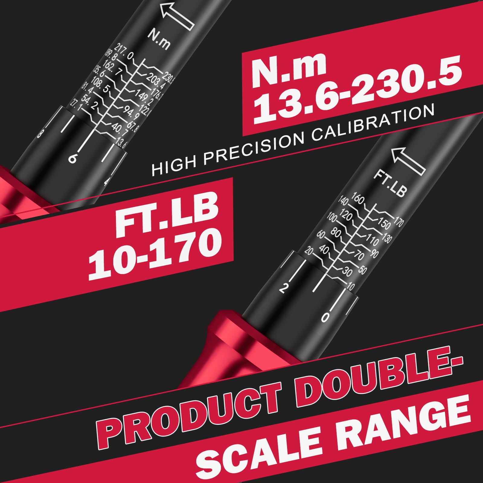 ALAIAL Torque Wrench 1/2 Drive, 10-170 ft.lb/13.6-230.5 Nm, Dual-Direction Adjustable 72 Tooth Torque Wrench with Quick Release, for Moto, Car Repair, Tire Replacement