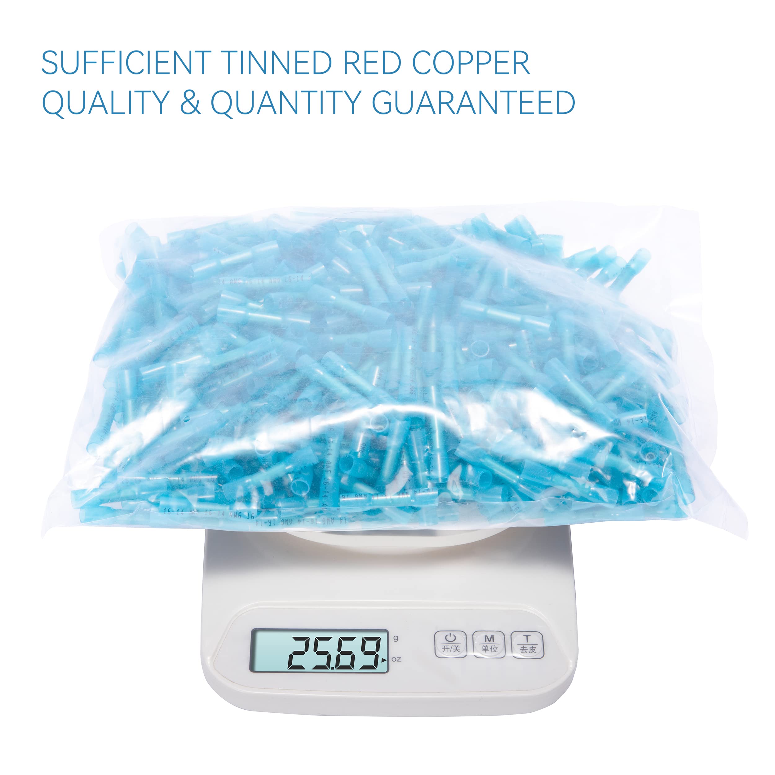 HKS 500 conectores termorretráctiles azules 16-14 AWG, conectores eléctricos, cobre rojo estañado de 0,8 mm, crimpado de barco estéreo marino automotriz, impermeable y aislado