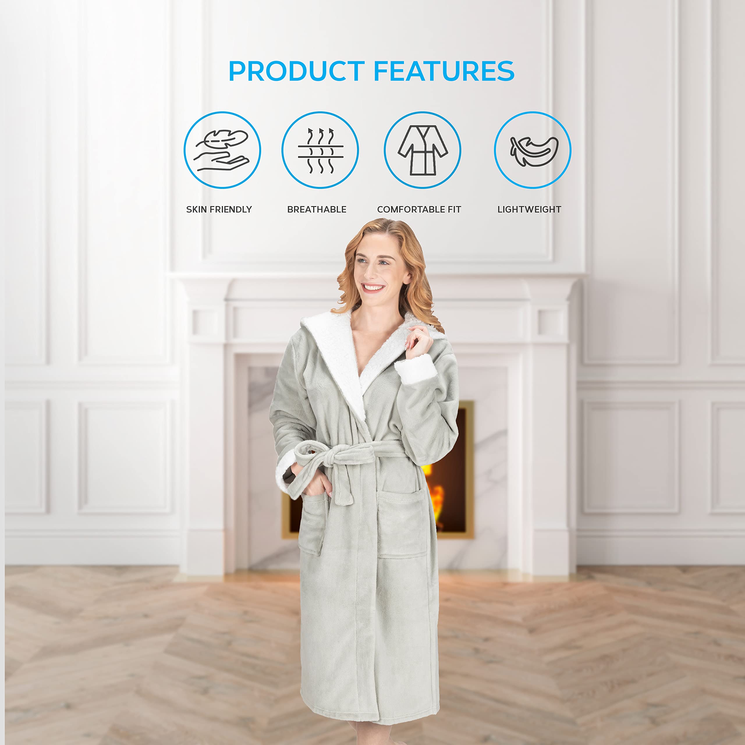 MONHOUSE Womens Dressing Gown - Premium Super Soft & Cosy Long Bathrobe - Ladies Thick Flannel Luxury Housecoat - Warm Fluffy Shearling Spa Robe for Her - Sherpa Bathrobe - Silver Sherpa UK 12-14