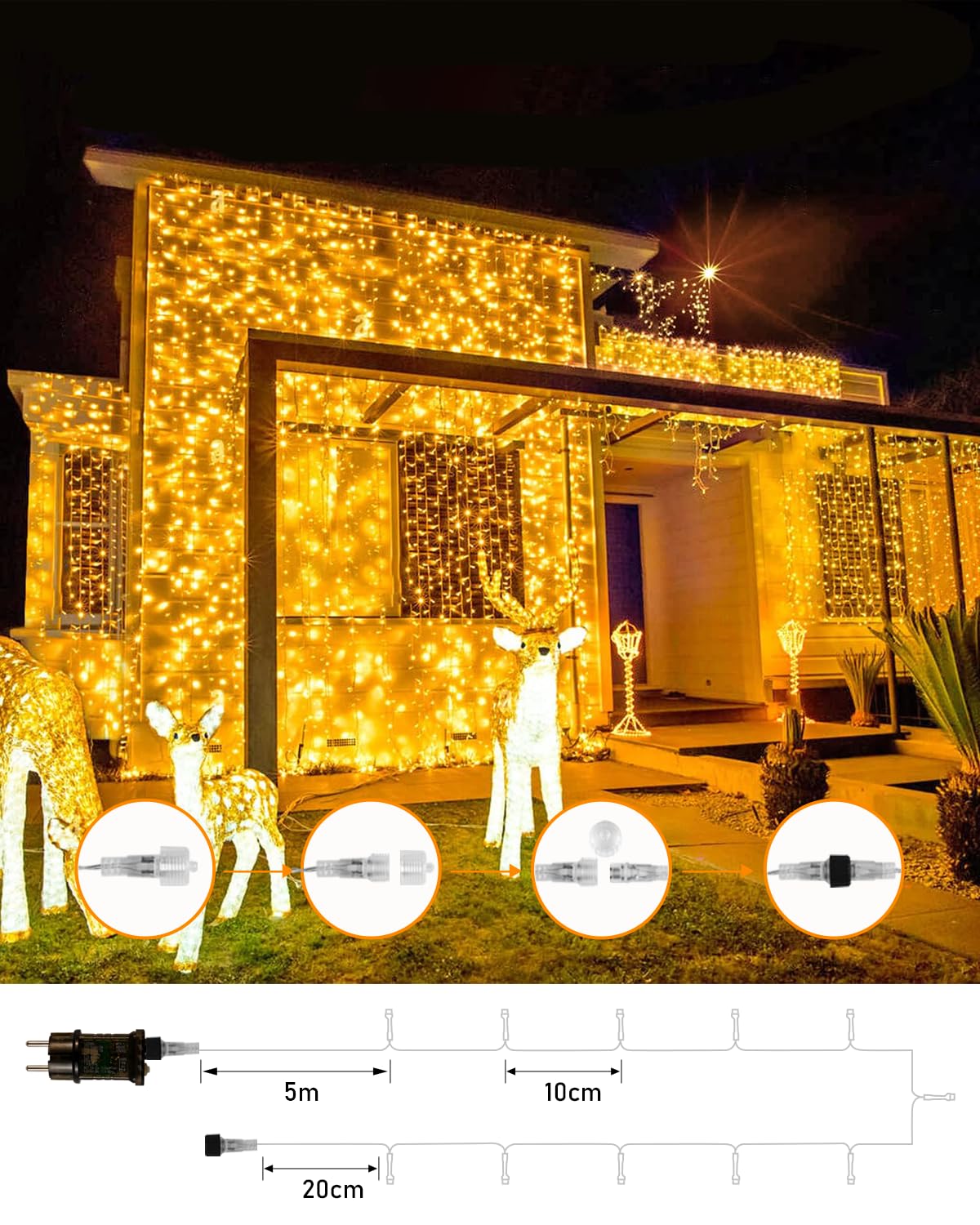 Bowfar Catena Luminosa LED, 80M 800 LED Luci Natale Esterno con Telecomando e Funzione Memoria, 8 modalità, Impermeabile IP65 Luci Albero di Natale per Interni Giardino Feste Matrimoni, Bianco Caldo