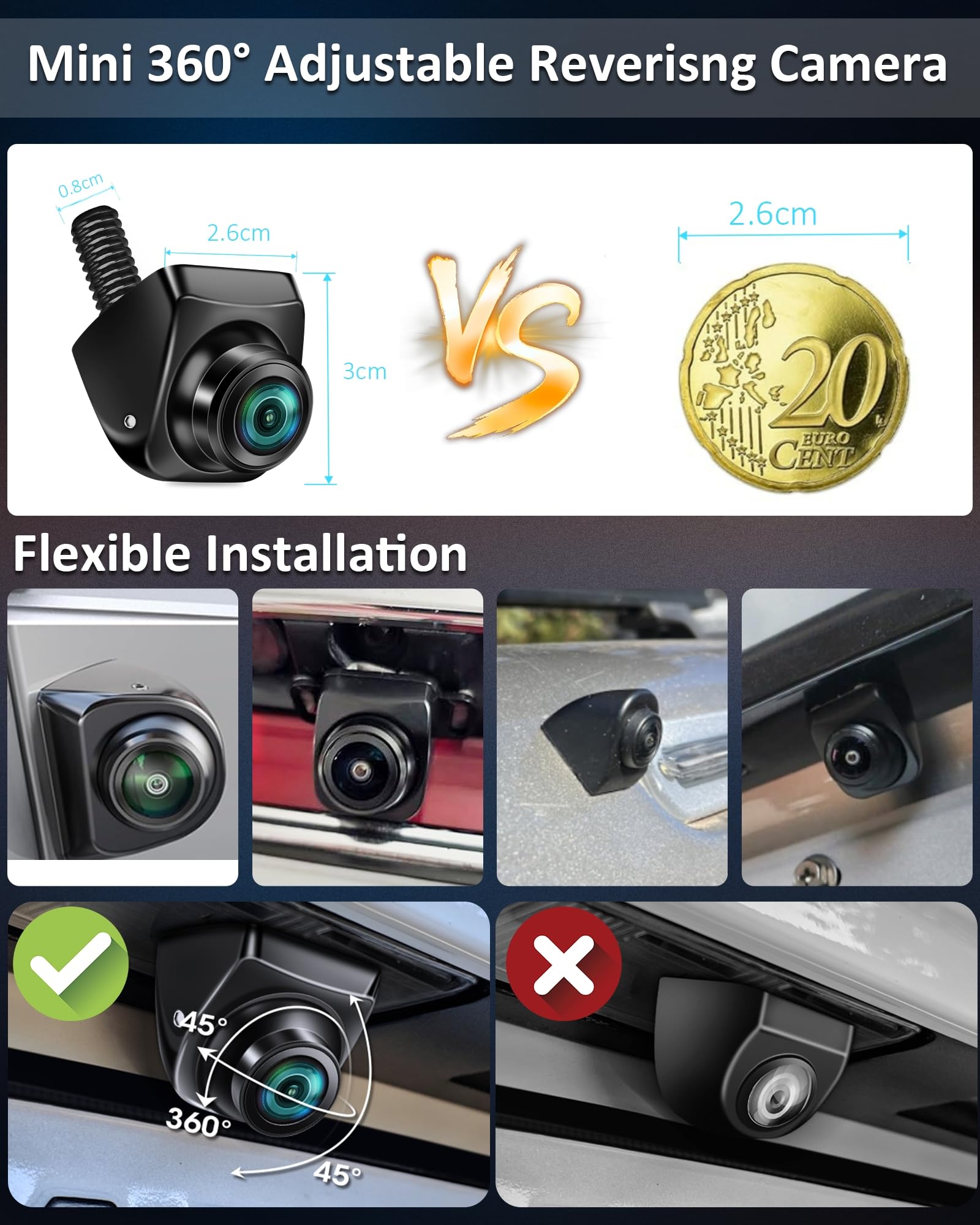 Vtopek Kamera cofania AHD 1080p, kamera cofania do samochodu, obracana o 360°, szeroki kąt widzenia 170°, widoczność w nocy, IP69, wodoszczelna, uniwersalna kamera cofania NTSC do samochodów